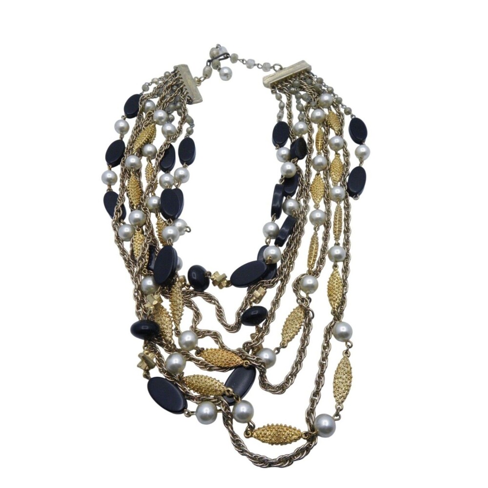 Multi-Strand Gold Black Pearl Beaded Statement Necklace Vintage Statement Chunky